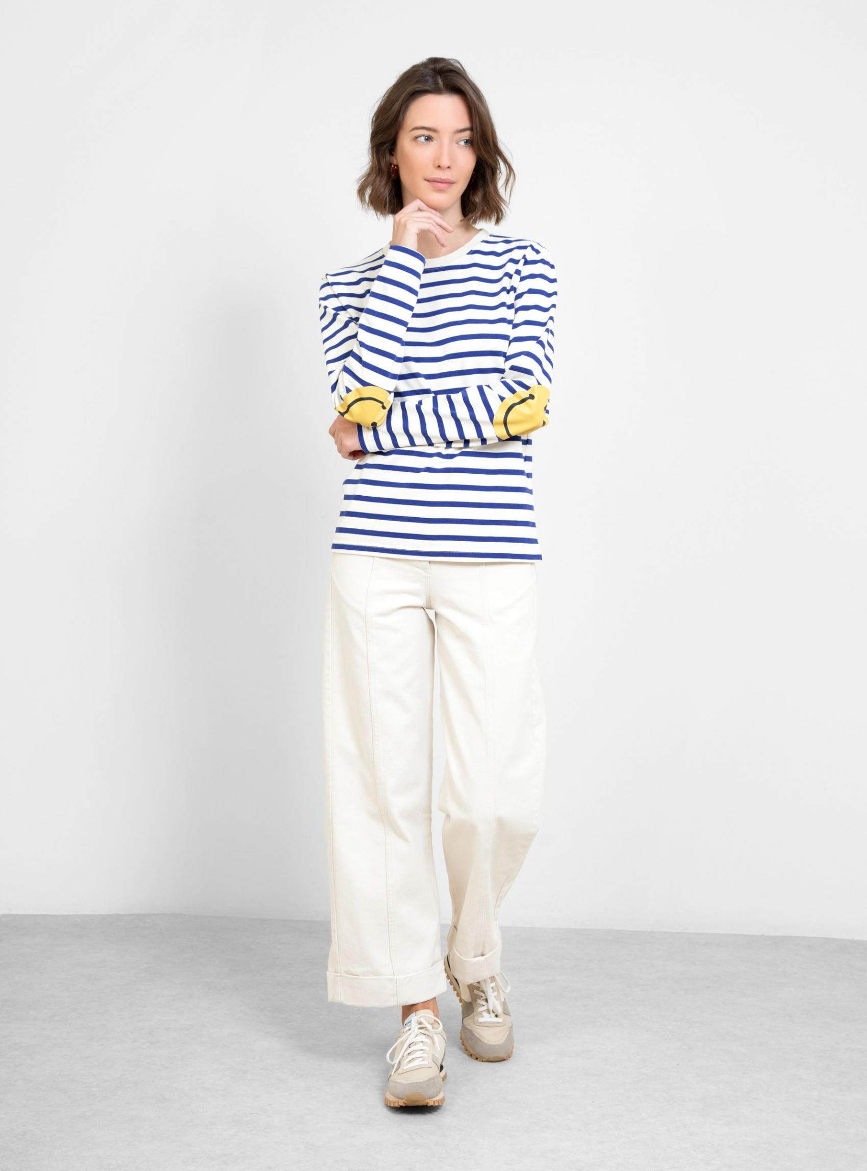 T-Shirts | Kapital Womens Smilie Patch Stripe Long Sleeve Tee Blue & Ecru Blue & Ecru